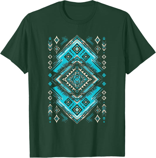 Turquoise Tribal Geometric Southwestern Aztec T-Shirt - T-Shirt | Forest