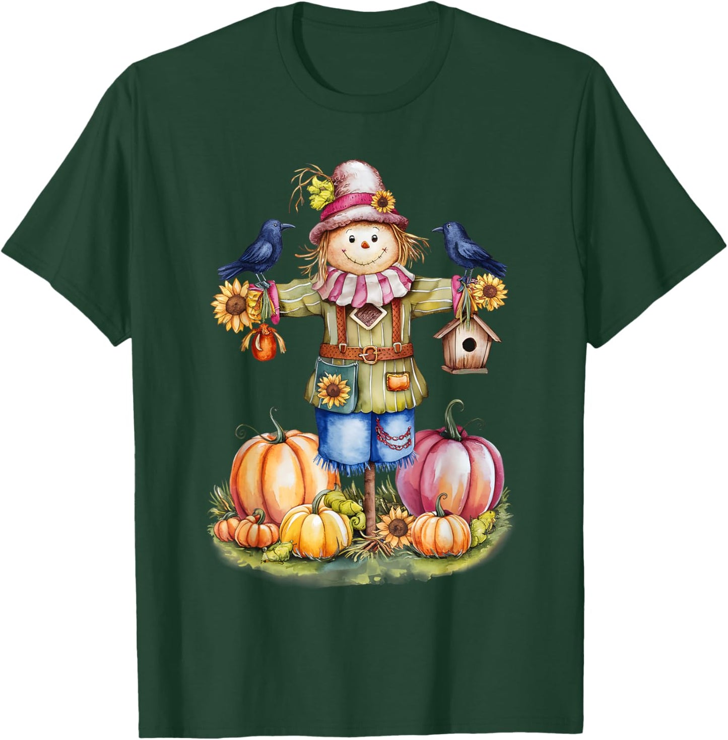 Scarecrow In Pumpkin Garden Hello Fall Autumn Falling Leaves T-Shirt - T-Shirt | Forest