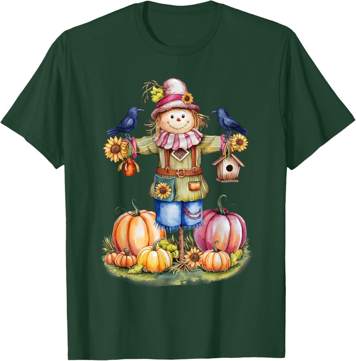 Scarecrow In Pumpkin Garden Hello Fall Autumn Falling Leaves T-Shirt - T-Shirt | Forest