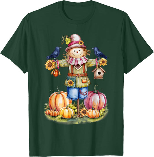Scarecrow In Pumpkin Garden Hello Fall Autumn Falling Leaves T-Shirt - T-Shirt | Forest