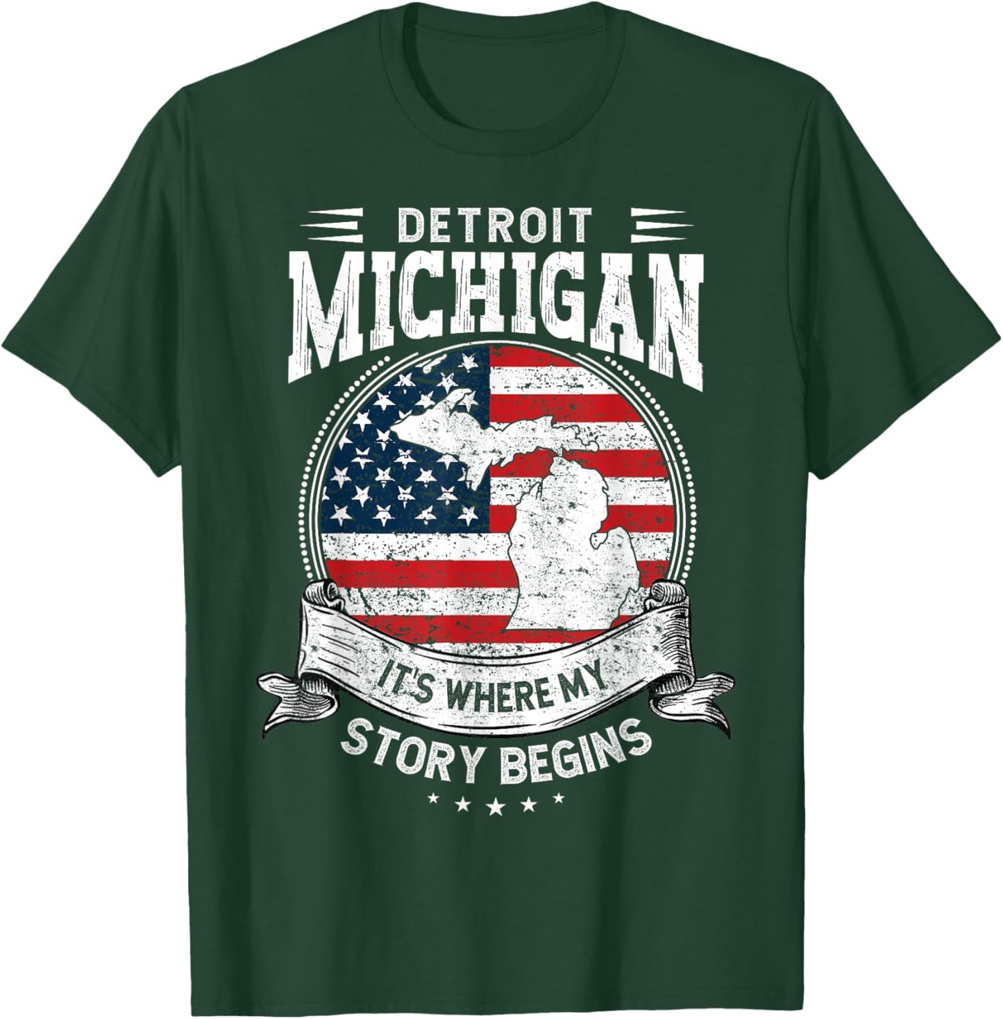 Funny Michigan Detroit, it’s where my story begins USA Flag T-Shirt - T-Shirt | Forest