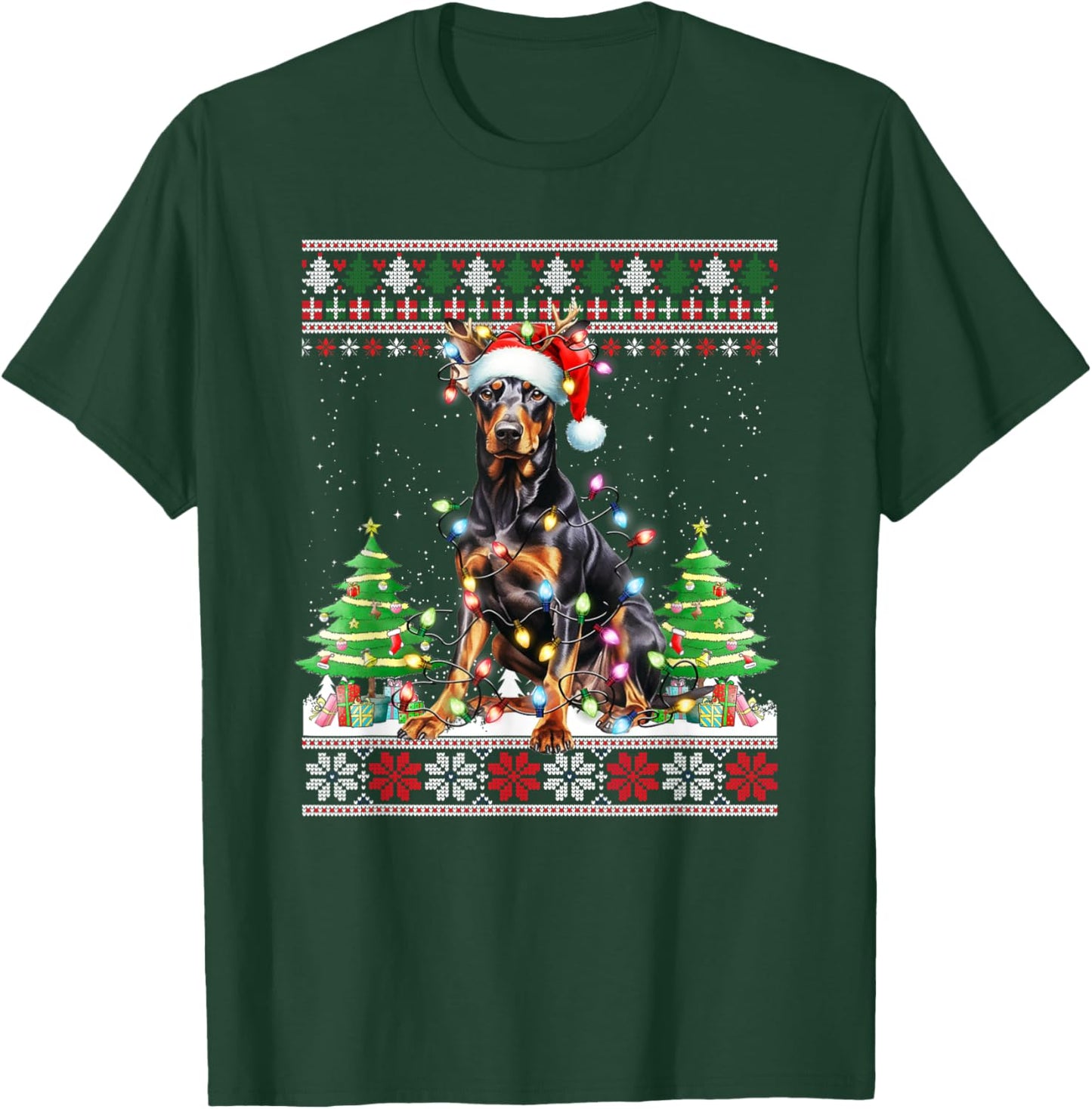 Doberman Dog Reindeer Christmas Lights T-Shirt - T-Shirt | Forest