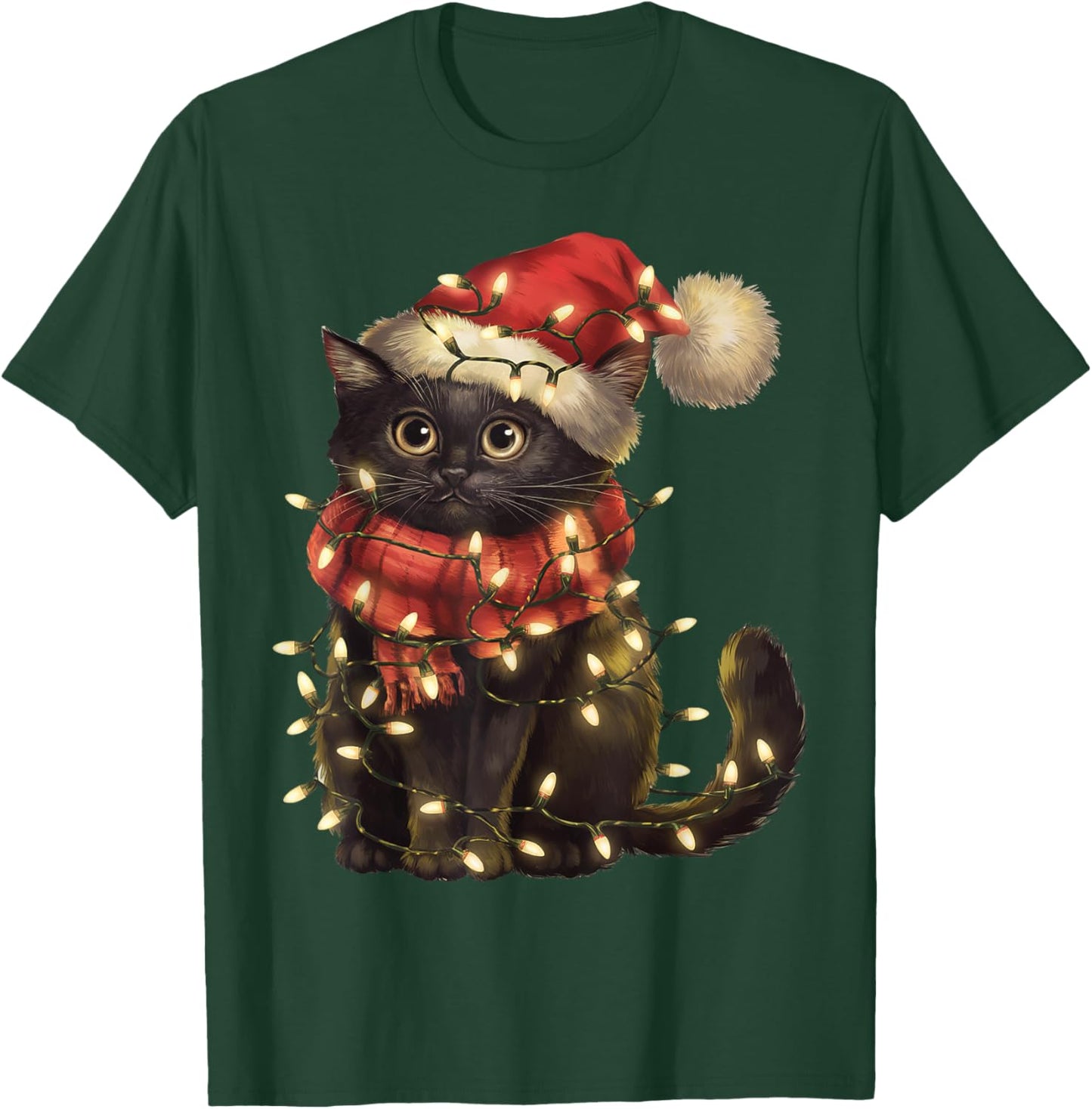 Black Cat Christmas Tree Lights Funny Xmas Men Women Family T-Shirt - T-Shirt | Forest