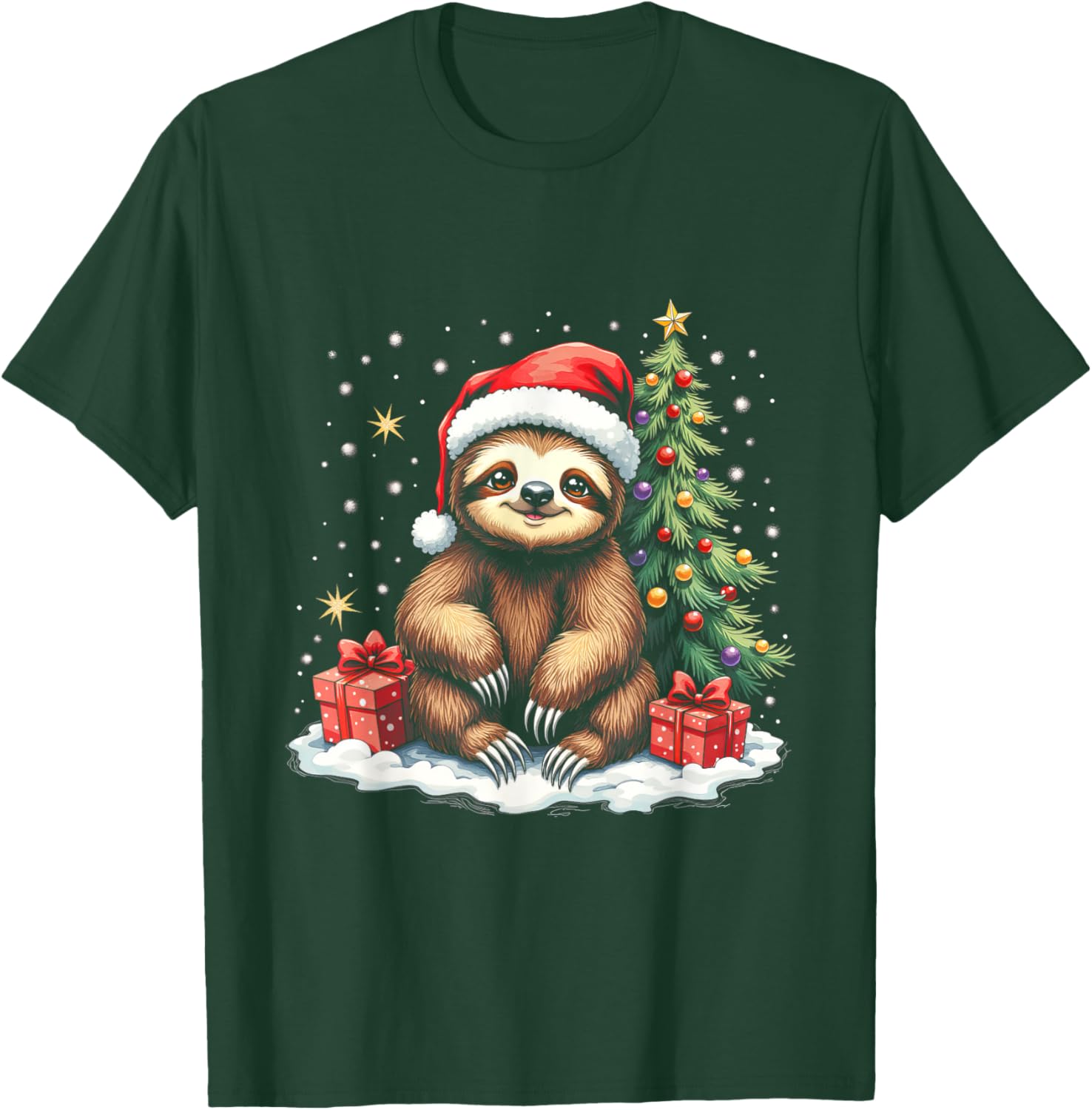 Cute Sloth with Santa Hat and Snowflakes Holiday Christmas T-Shirt - T-Shirt | Forest