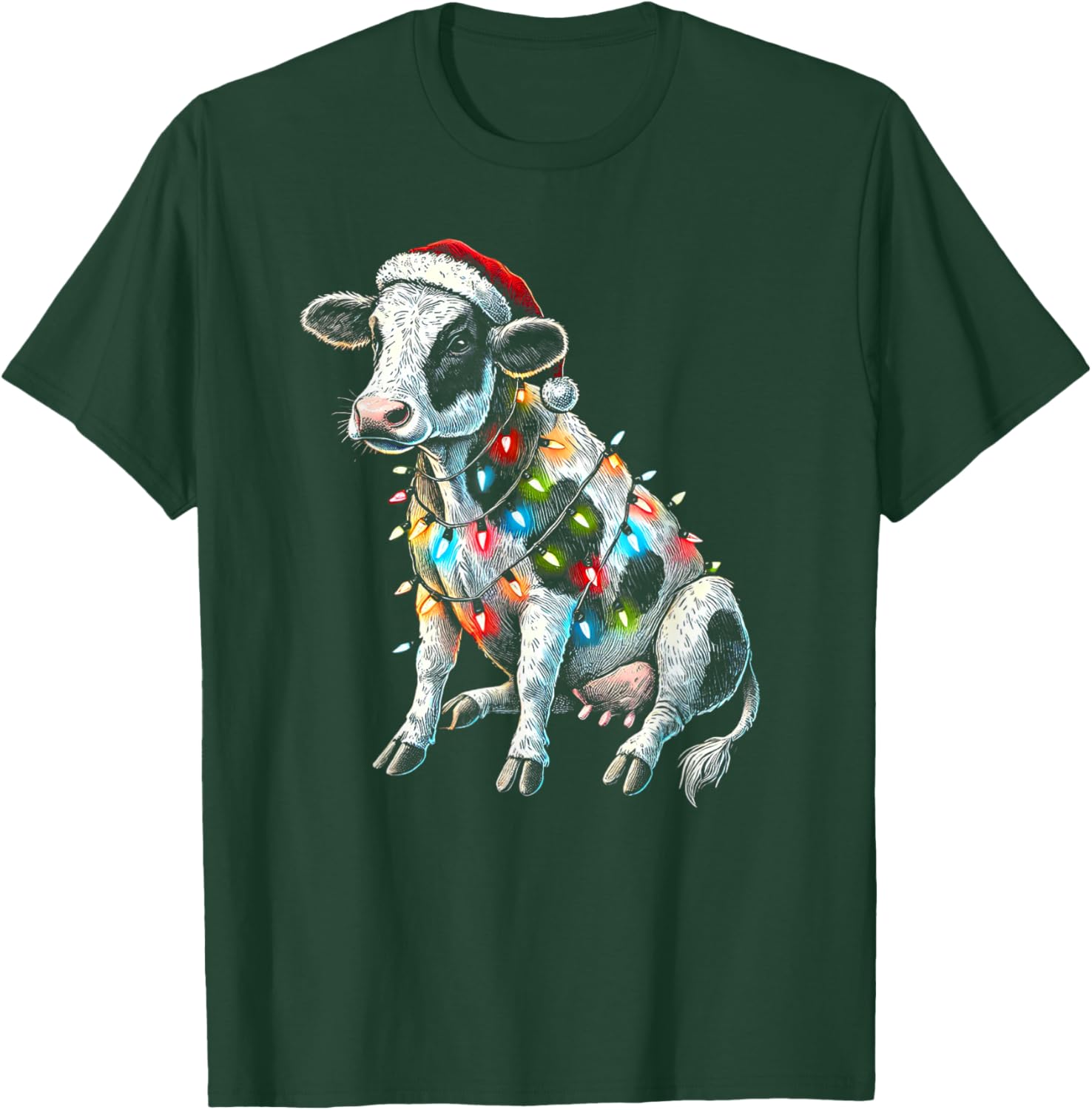Funny Cow Farmer Small Holding Santa Hat Christmas Lights T-Shirt - T-Shirt | Forest