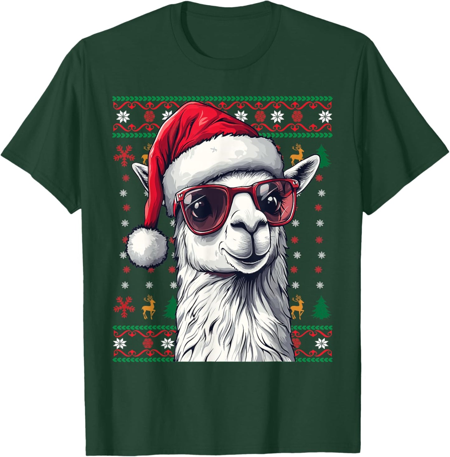 Llama Santa Hat Ugly Christmas Funny Holiday Llama Lover T-Shirt - T-Shirt | Forest
