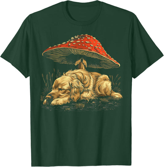 Cute Golden Retriever Dog Cottagecore Aesthetic Mushroom Women Kids T-Shirt - T-Shirt | Forest
