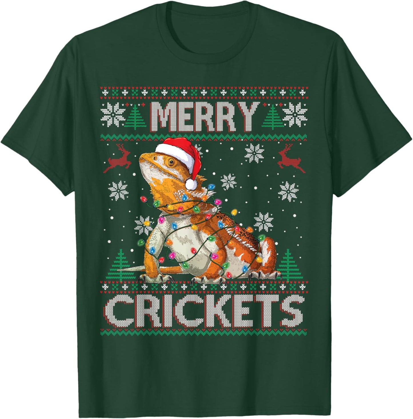 Merry Crickets Bearded Dragon Ugly Sweater Christmas Pajama T-Shirt - T-Shirt | Forest
