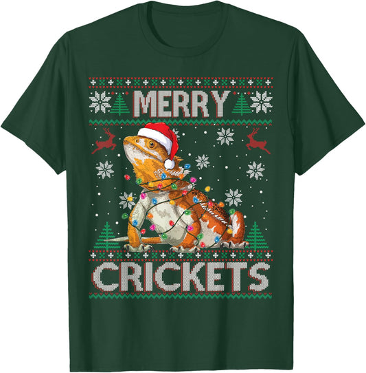 Merry Crickets Bearded Dragon Ugly Sweater Christmas Pajama T-Shirt - T-Shirt | Forest