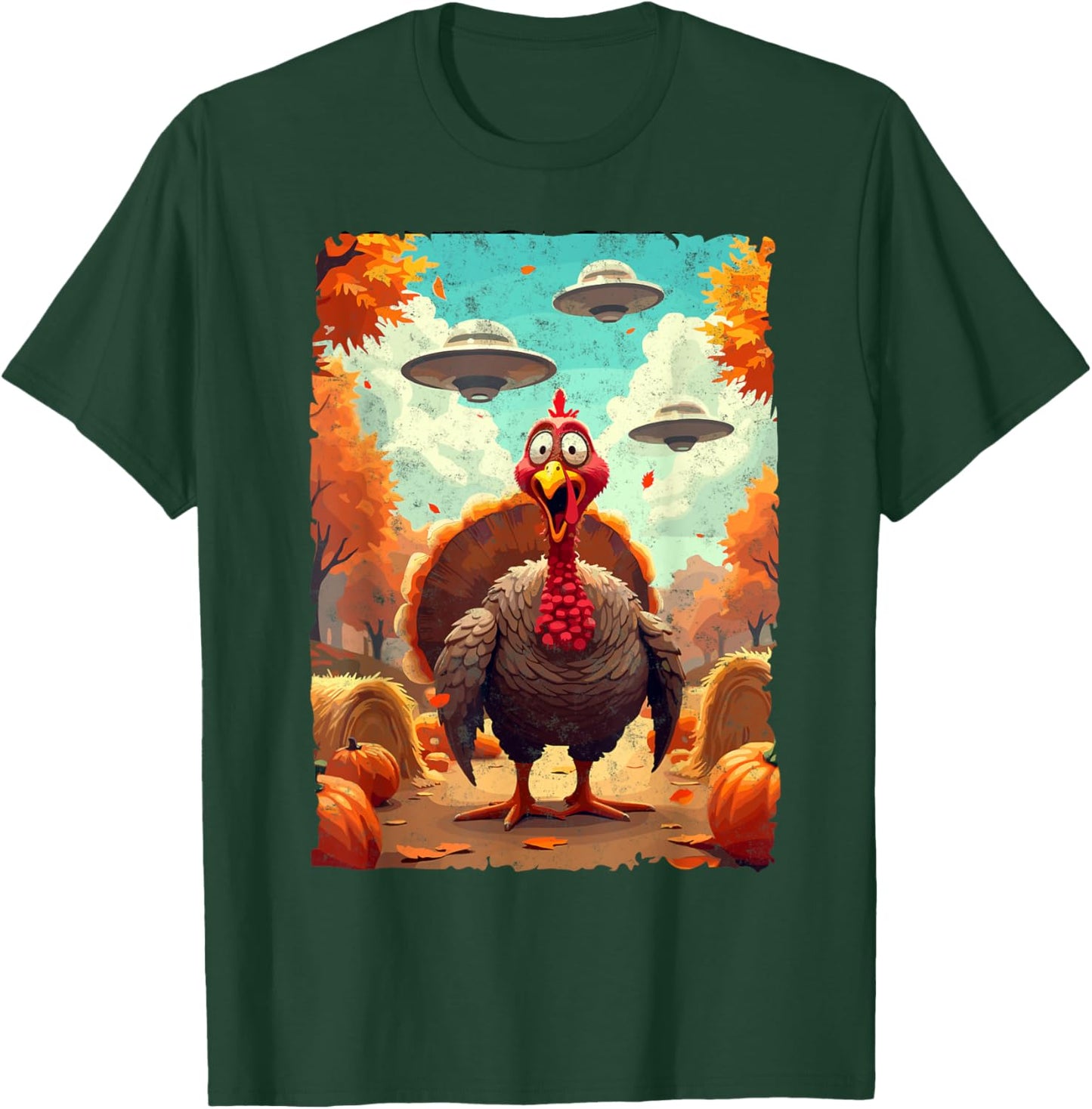 Autumn Fall Season Funny Turkey & UFO Thanksgiving Day Alien Believer T-Shirt - T-Shirt | Forest