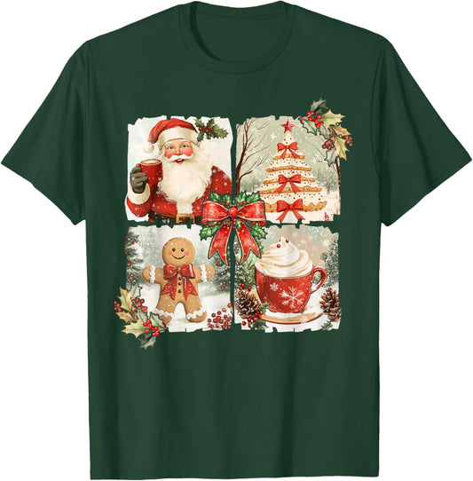 Vintage Coquette Bow Santa Gingerbread Christmas Tree Xmas T-Shirt - T-Shirt | Forest