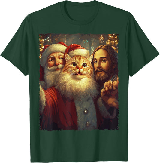 Funny Cat Selfie Santa Jesus Xmas Christmas Men Women Kids T-Shirt - T-Shirt | Forest