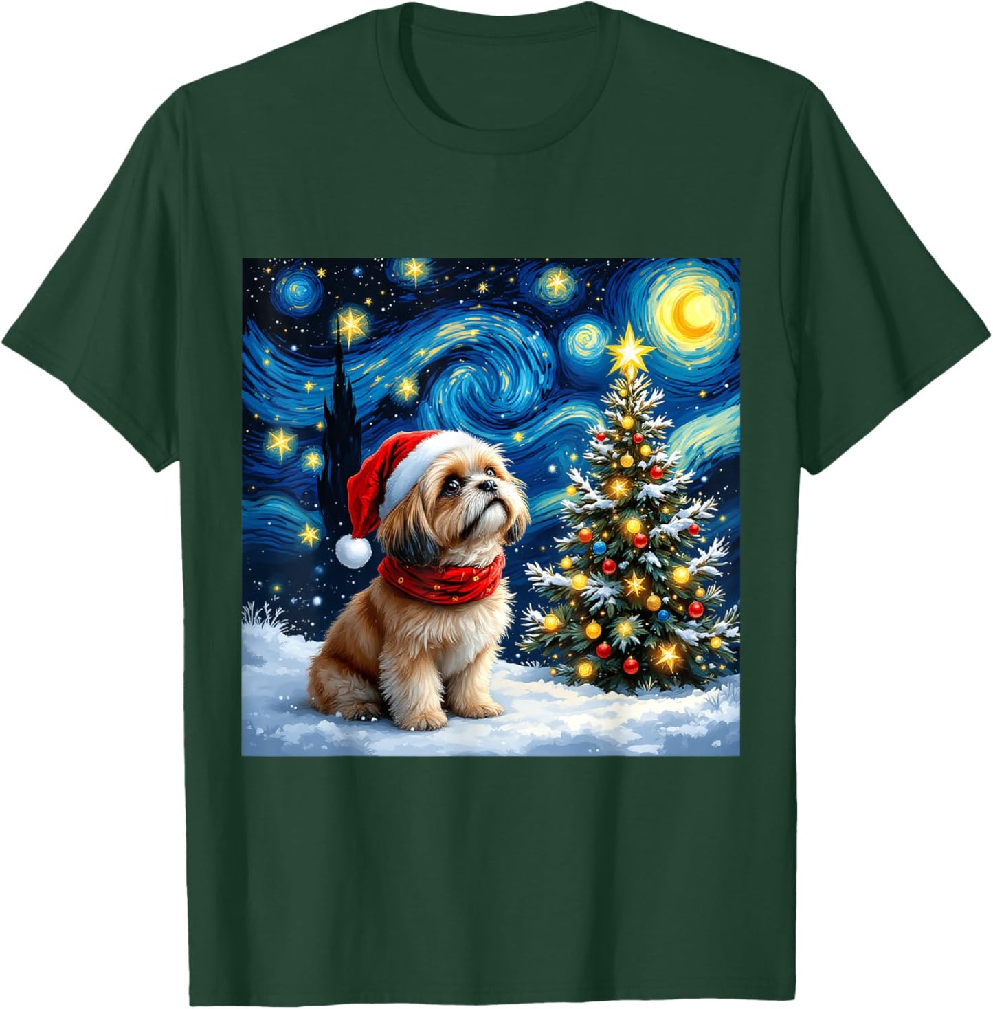 Shih Tzu Starry Night Christmas Van Gogh Dog Santa Hat T-Shirt - T-Shirt | Forest