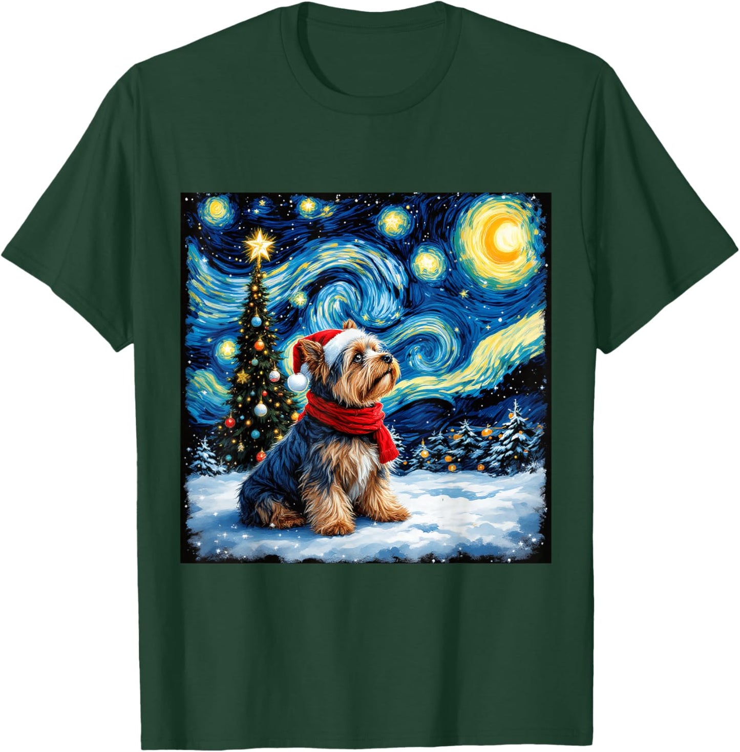 Yorkshire Terrier Starry Night Christmas Van Gogh Dog Santa T-Shirt - T-Shirt | Forest