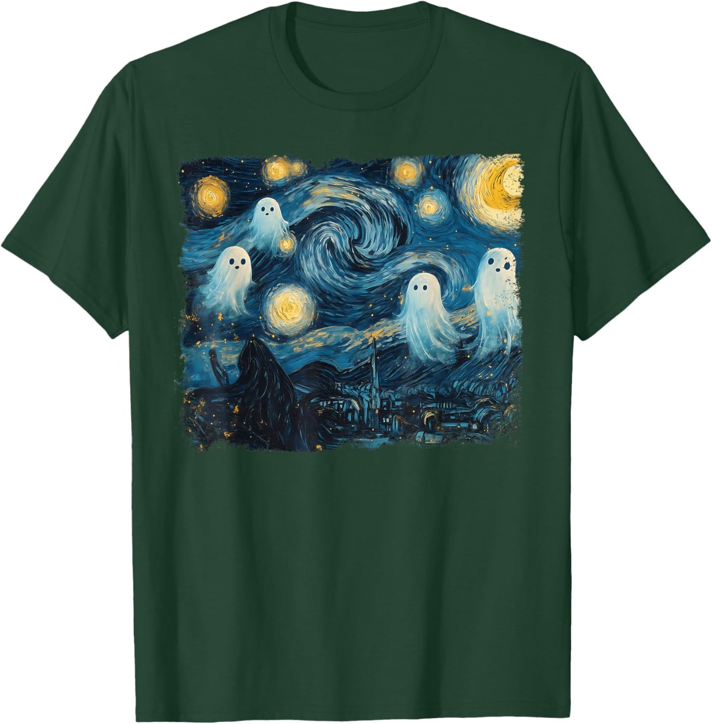 Cute Ghost Starry Night Halloween Spooky Retro Van Gogh Art T-Shirt - T-Shirt | Forest