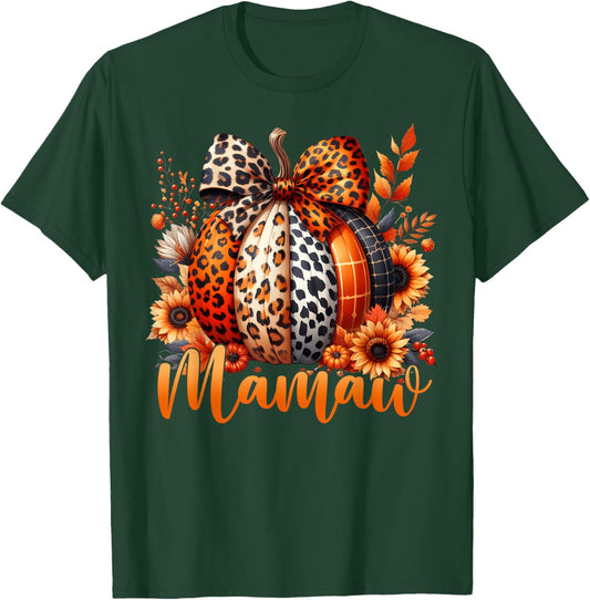 Mamaw Thanksgiving Leopard Pumpkin Sunflower Coquette Bow T-Shirt - T-Shirt | Forest