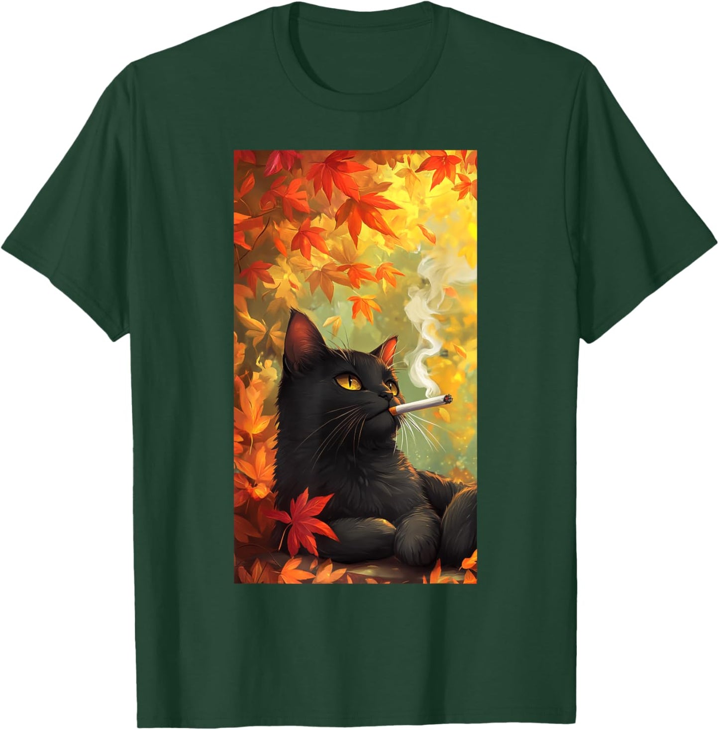 Cat Relaxing Cigarette Autumn leaves Smoking cat Men Women T-Shirt - T-Shirt | Forest