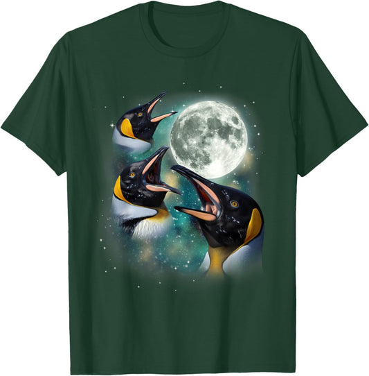 Three Penguin Moon | 3 Funny Antarctic Birds Howling Parody T-Shirt - T-Shirt | Forest