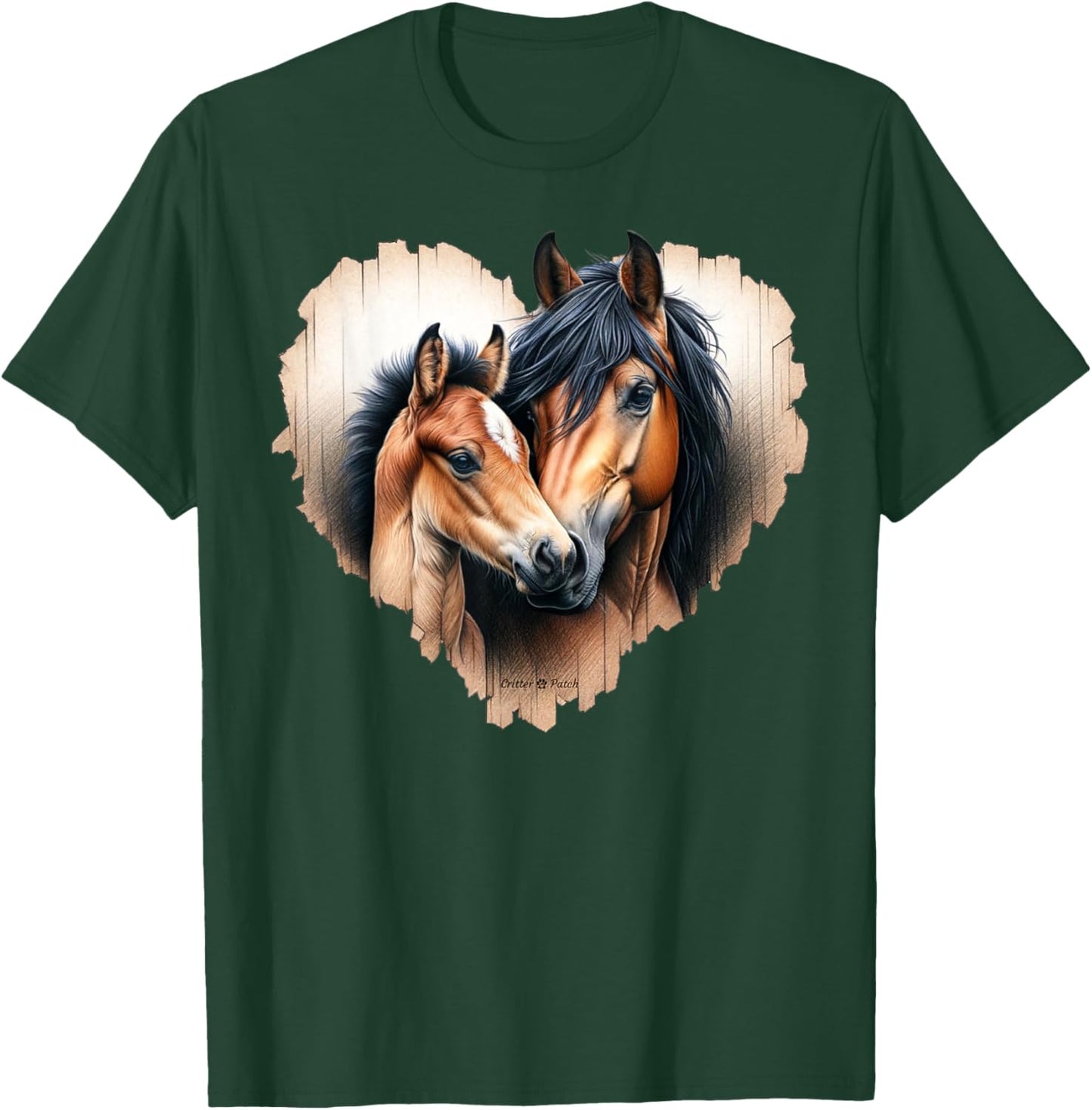 Watercolor Bay Horse Mare and Foal Bust On Wooden Heart T-Shirt - T-Shirt | Forest