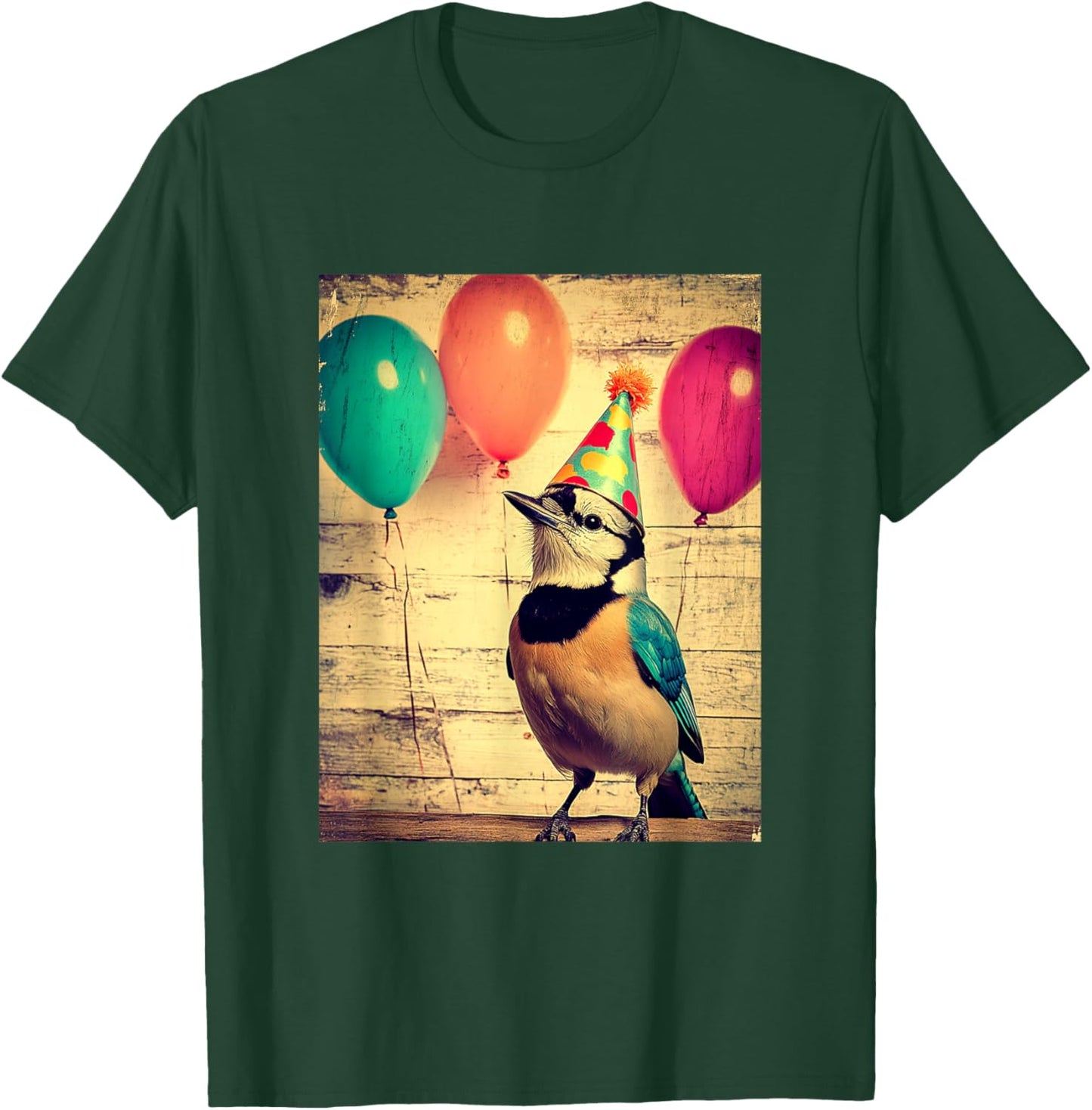 Blue Jay Retro Art Print Birthday Party Balloons & Party Hat T-Shirt - T-Shirt | Forest