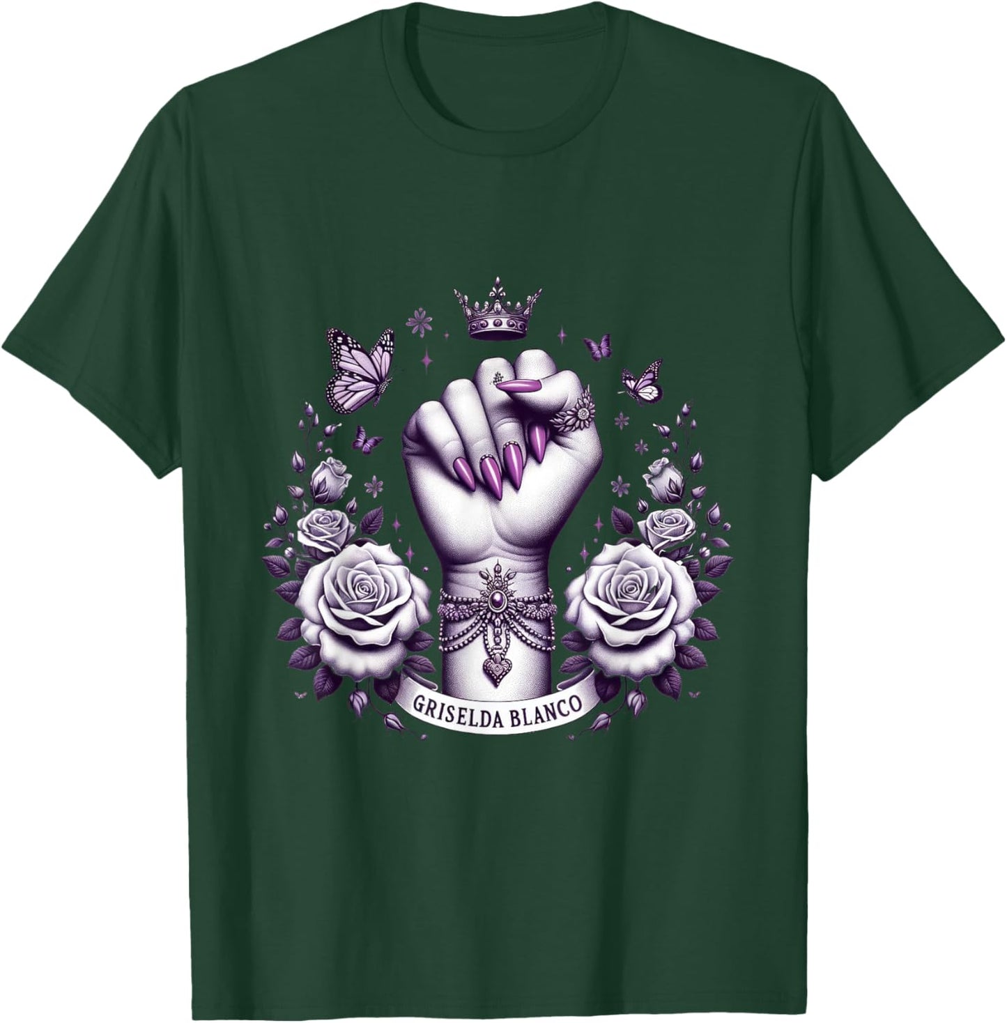 Griselda Blanco Crown Fist With Roses and Butterflies T-Shirt - T-Shirt | Forest
