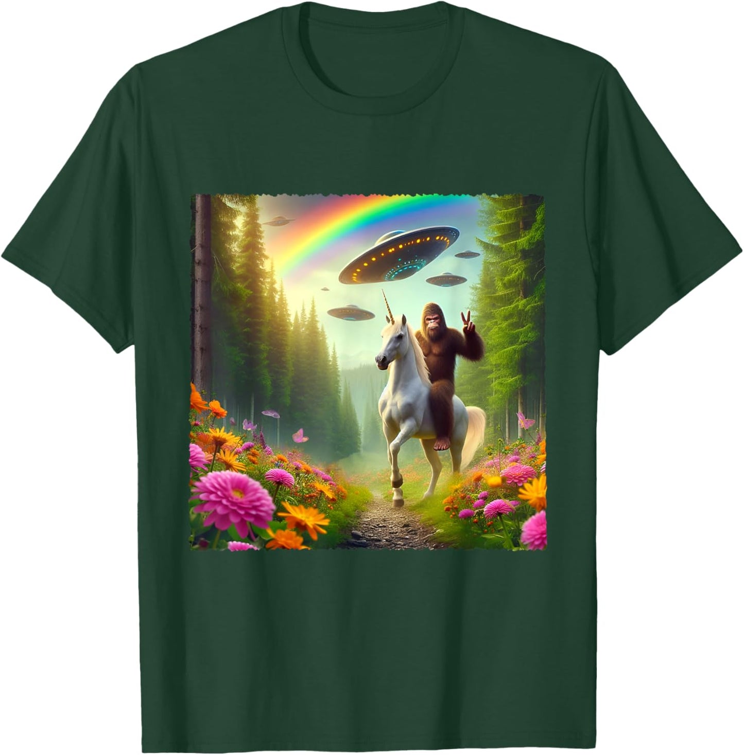 Bigfoot Riding Unicorn Bigfoot Selfie with UFOs Weird Selfie T-Shirt - T-Shirt | Forest