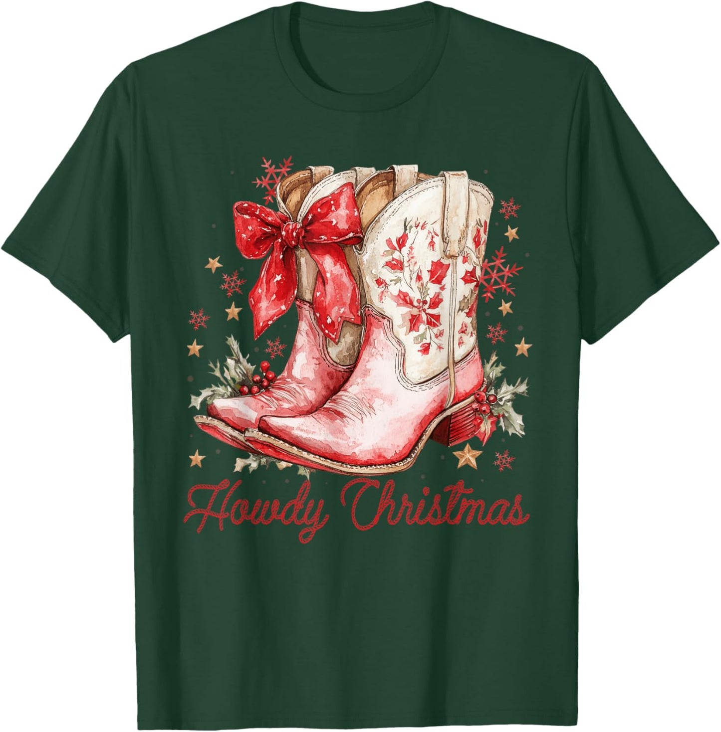 Western Howdy Christmas Cowgirl Boot Coquette Bow Christmas T-Shirt - T-Shirt | Forest