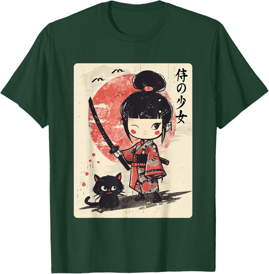 Cute Kawaii Samurai Girl with Katana & Cat Japanese Anime T-Shirt - T-Shirt | Forest
