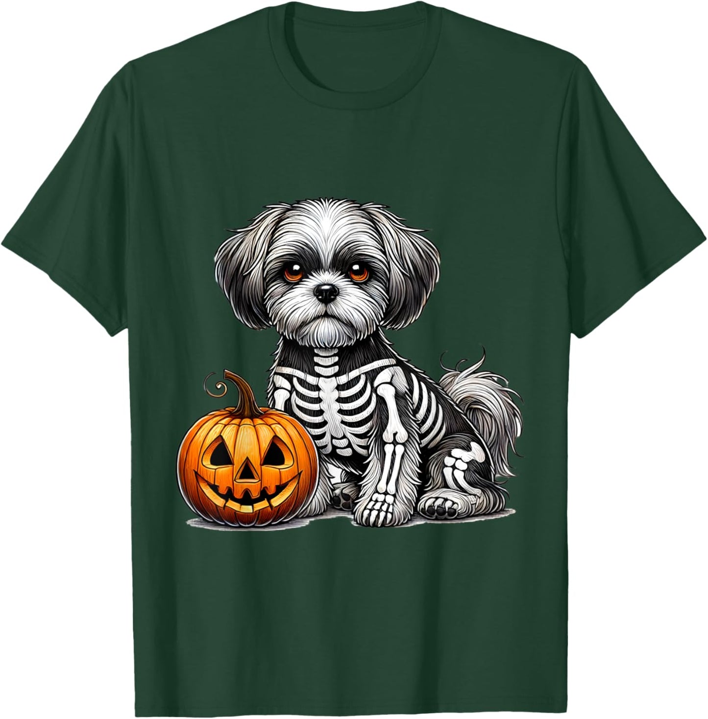 Shih Tzu Skeleton Jack O Lantern Funny Dog Halloween T-Shirt - T-Shirt | Forest