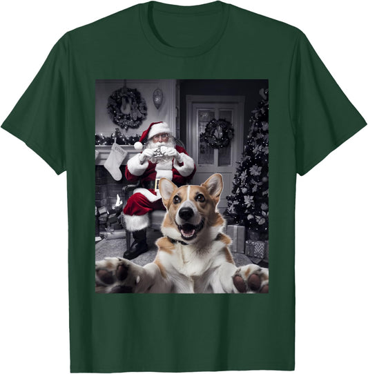 Christmas Funny Corgi Dog Selfie with Santa Claus Holiday T-Shirt - T-Shirt | Forest