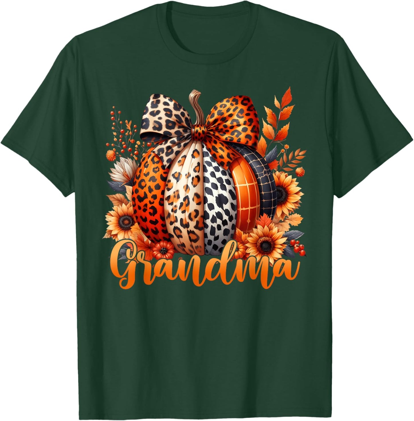 Grandma Thanksgiving Leopard Pumpkin Sunflower Coquette Bow T-Shirt - T-Shirt | Forest