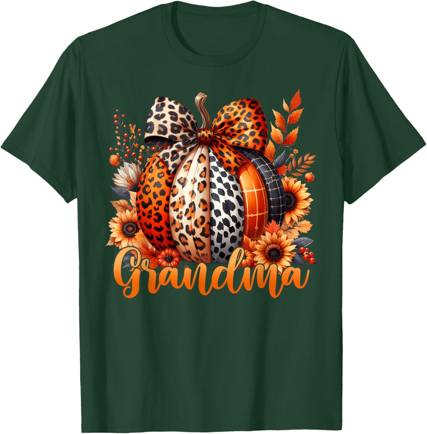 Grandma Thanksgiving Leopard Pumpkin Sunflower Coquette Bow T-Shirt - T-Shirt | Forest