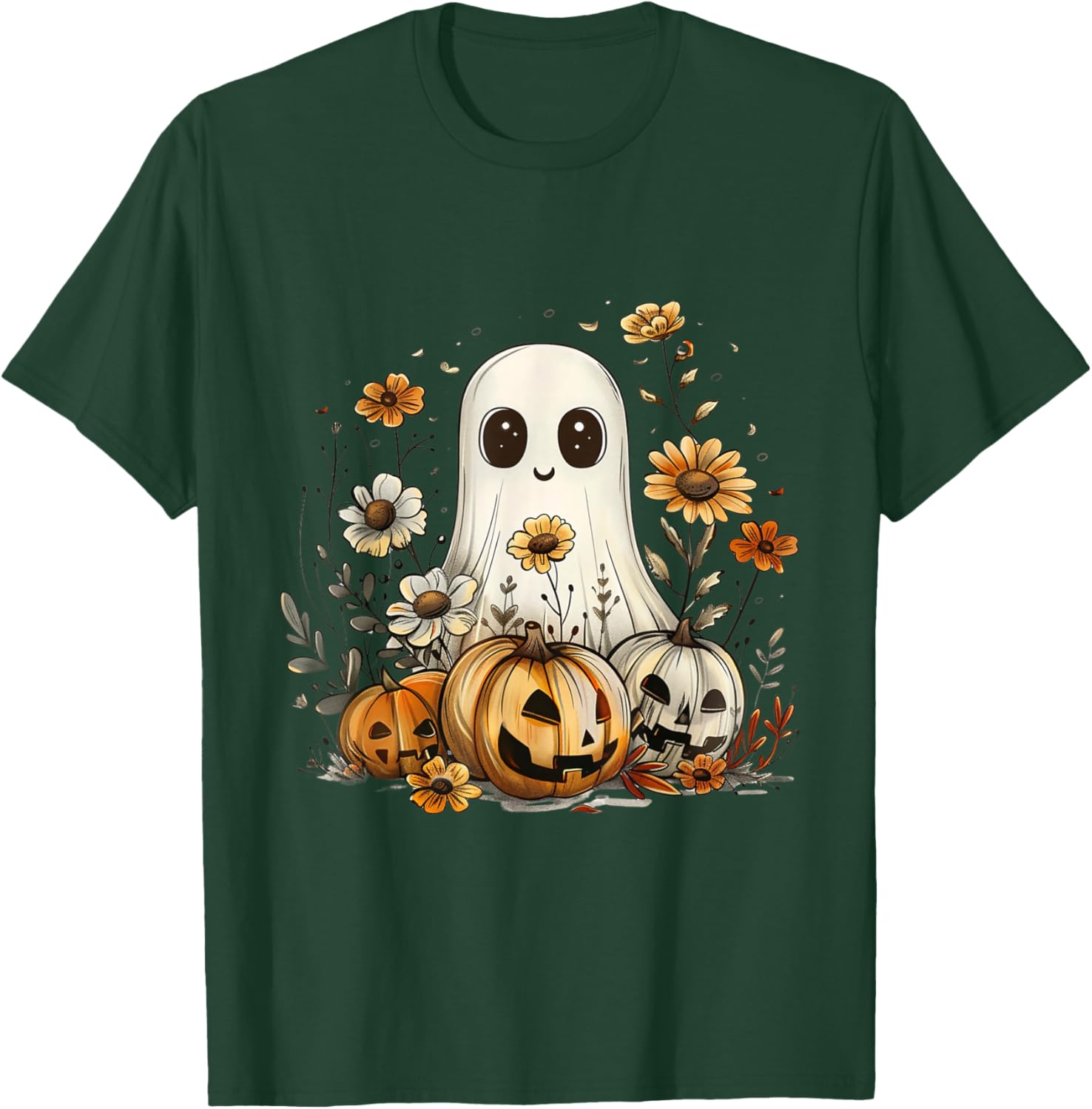 Cute Boho Flower Ghost Pumpkin Halloween Party Ghost Costume T-Shirt - T-Shirt | Forest