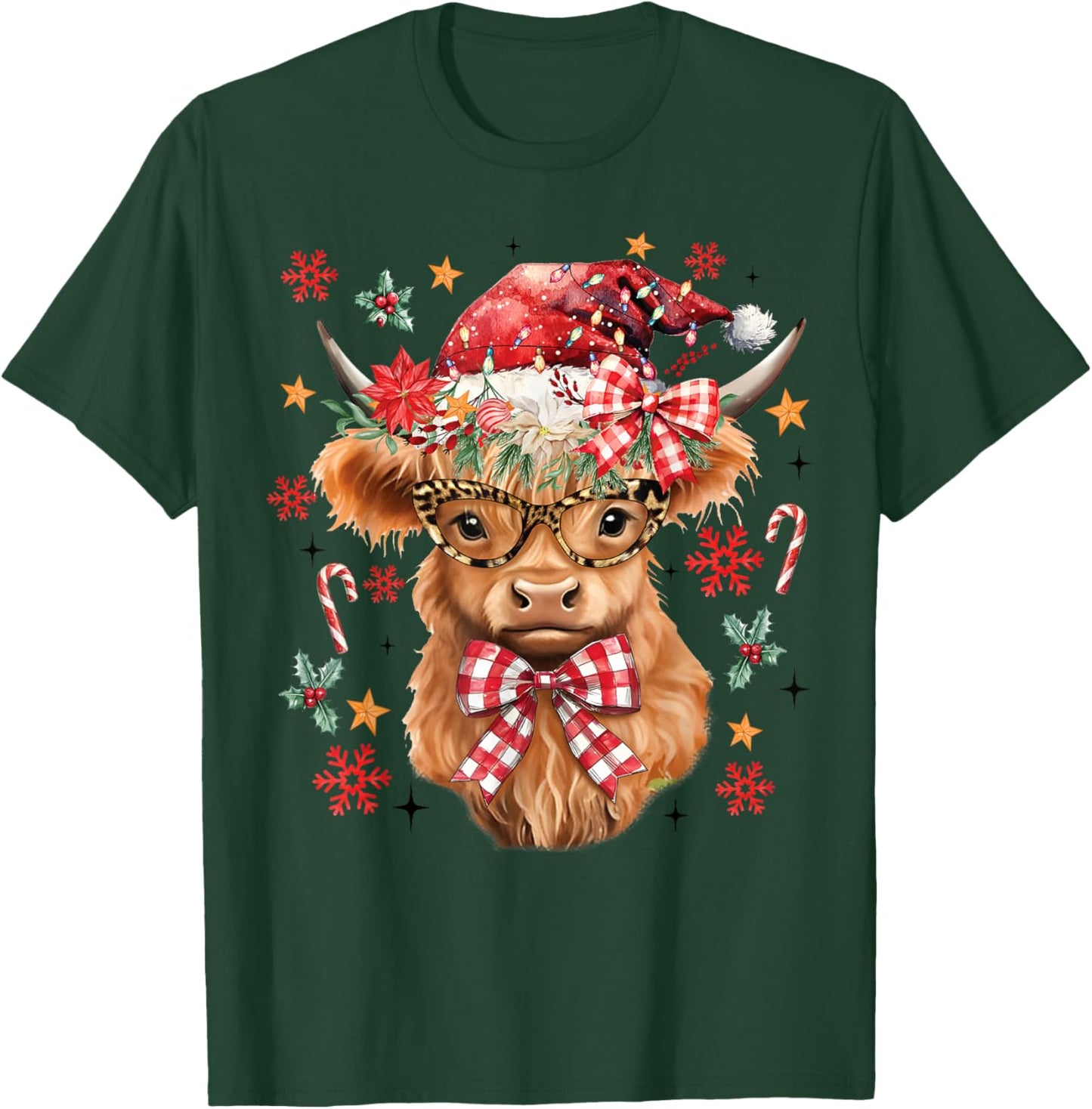 Western Highland Cow Lover Coquette Bow Merry Christmas T-Shirt - T-Shirt | Forest