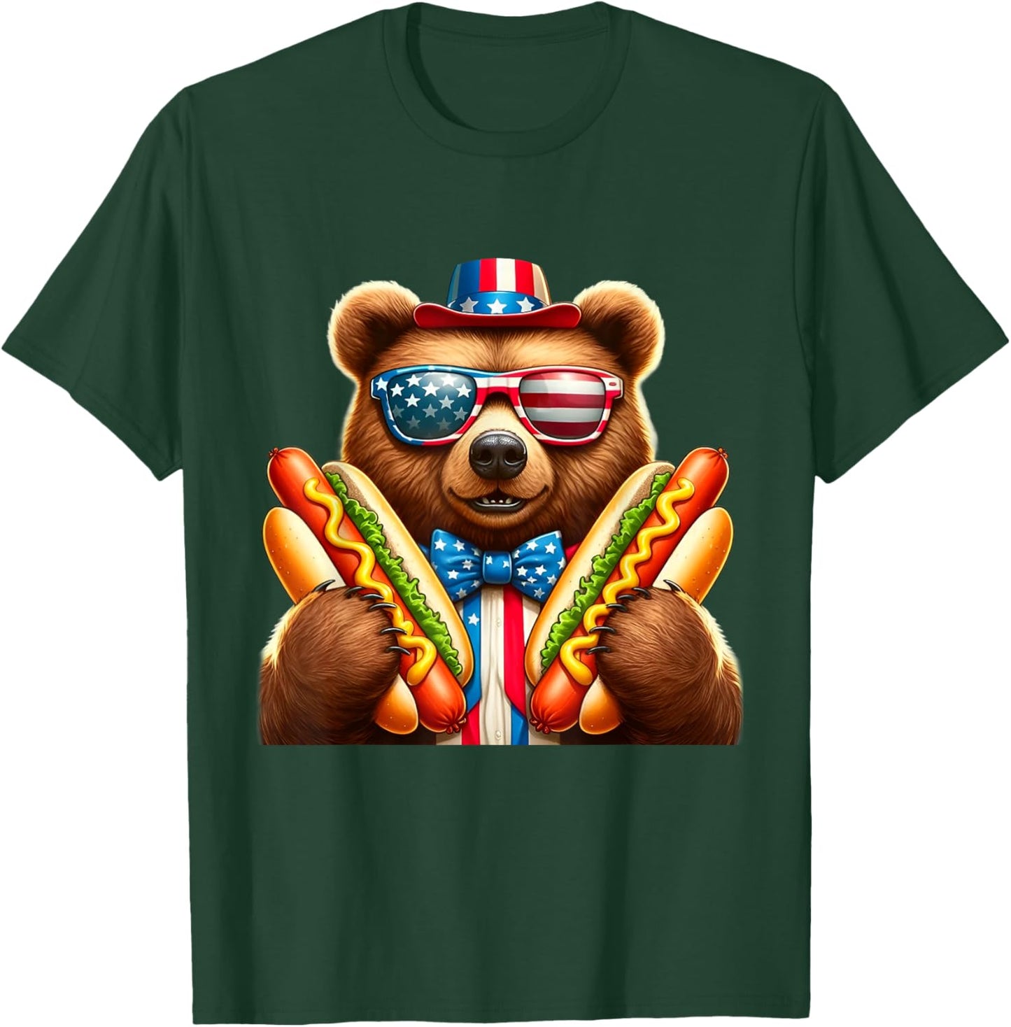 Hotdog Bear Funny Patriotic Bear USA Flag Wiener 4th of july T-Shirt - T-Shirt | Forest