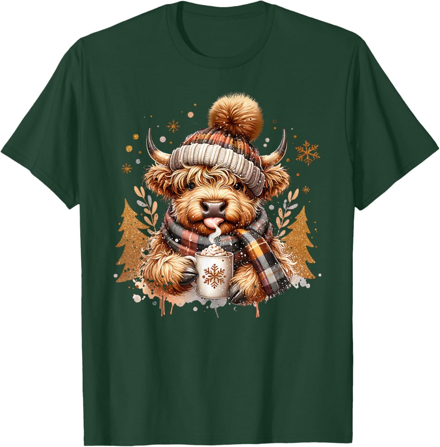 Cute Highland Cow Drinking Coffee Latte Winter Christmas T-Shirt - T-Shirt | Forest