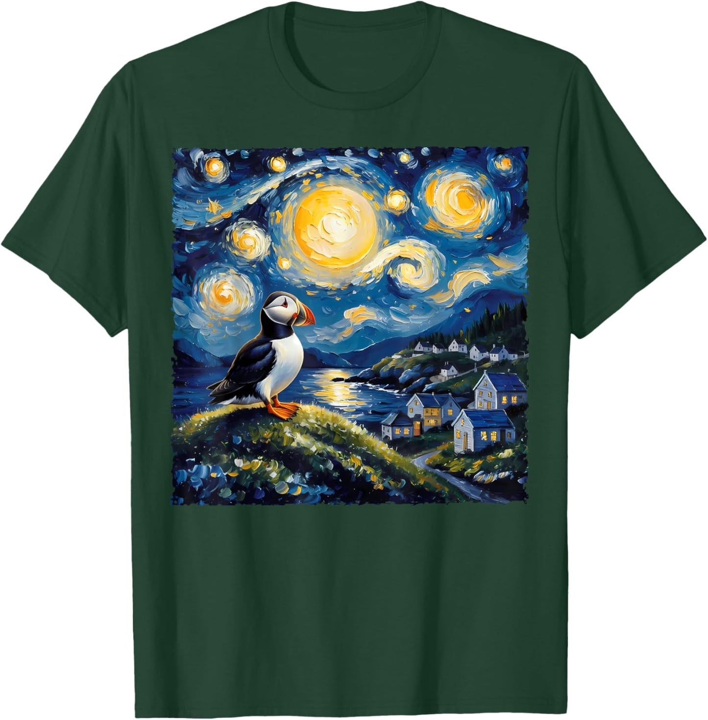 Van Gogh Style Funny Puffin Lover The Starry Night Painting T-Shirt - T-Shirt | Forest