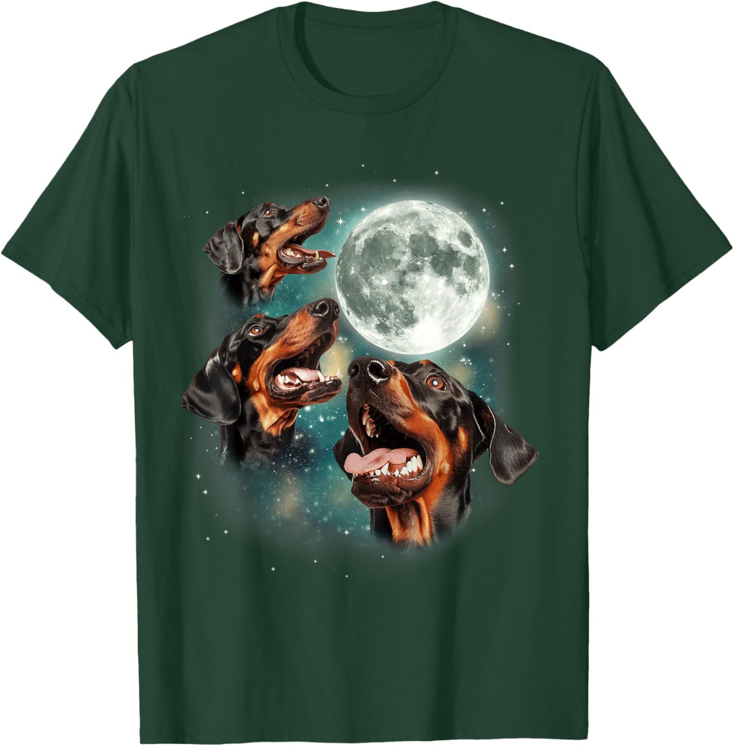Three Doberman Pinscher Moon | 3 Dobies Howling Pet Canine T-Shirt - T-Shirt | Forest