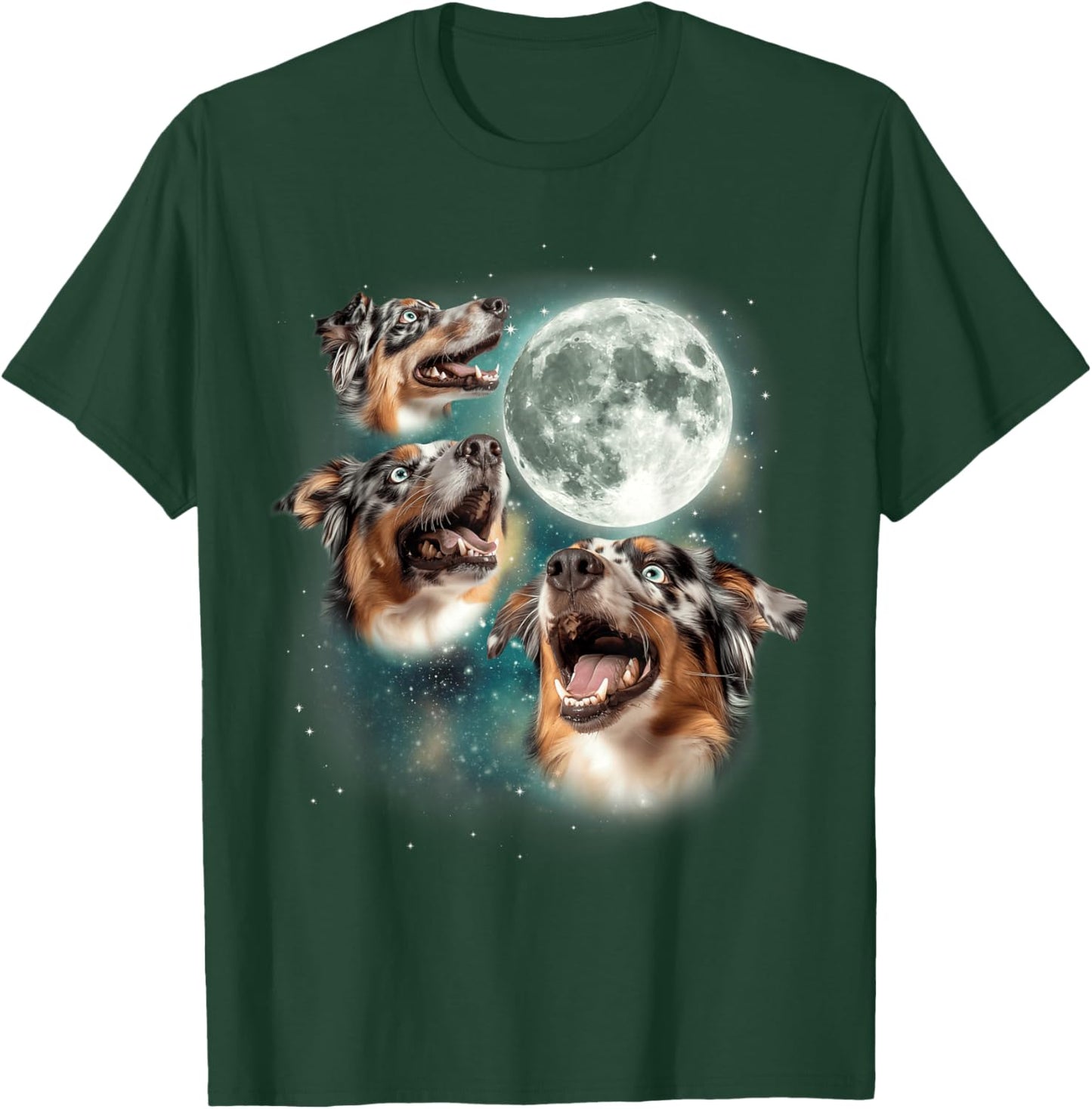 3 Australian Shepherds Moon | Three Aussies Howling Dog Meme T-Shirt - T-Shirt | Forest