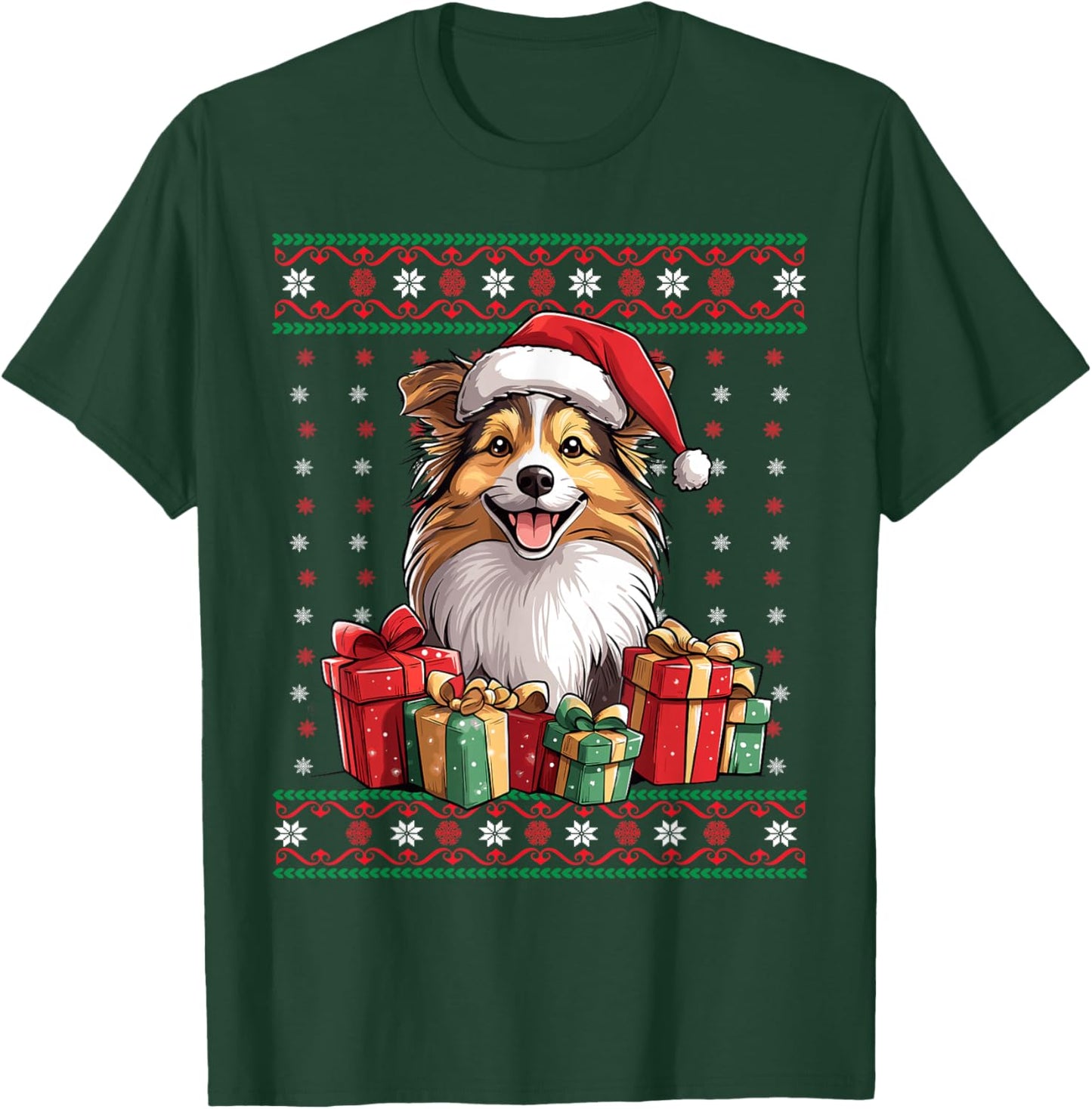 Sheltie Santa Hat Dog Lover Xmas Sheltie Ugly Christmas Men Women Kids T-Shirt - T-Shirt | Forest