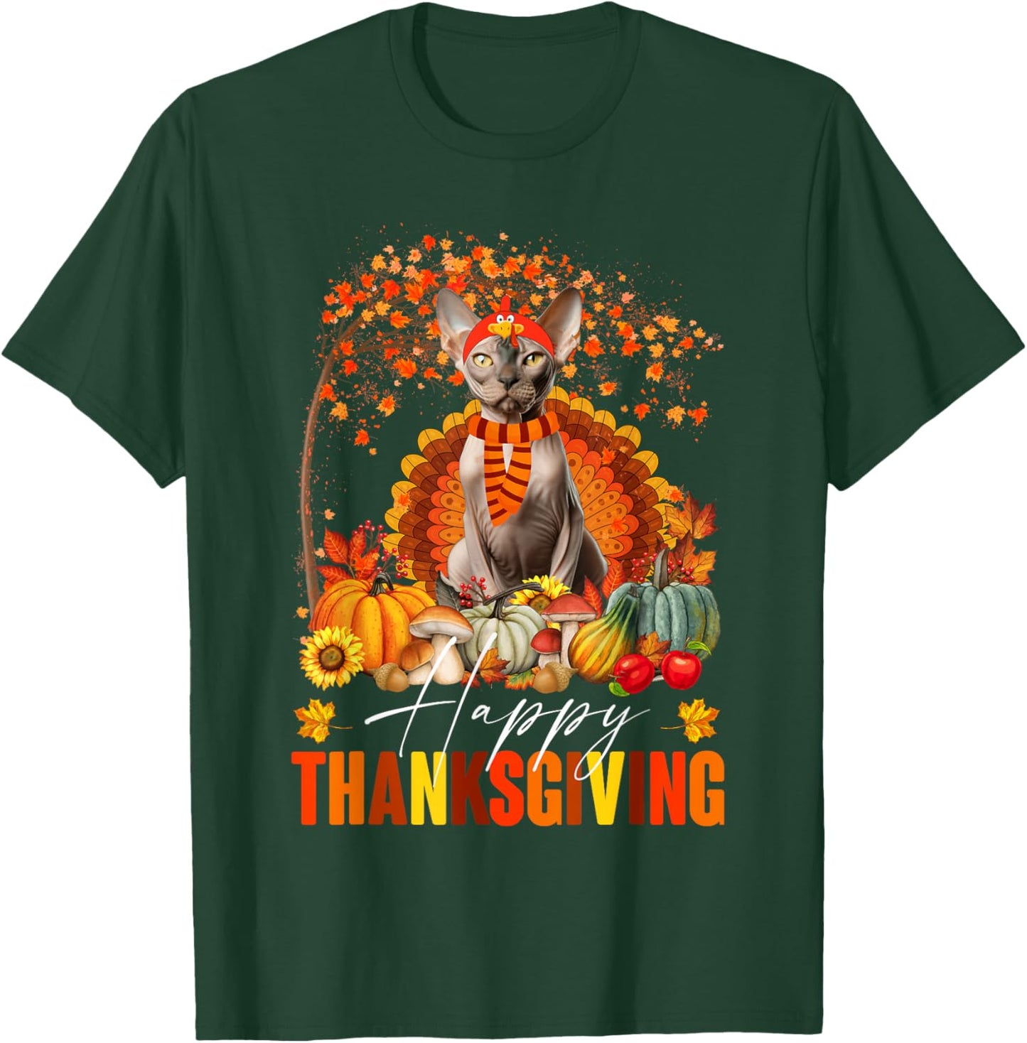 Funny Sphynx Cat In Turkey Costume Happy Thanksgiving Day T-Shirt - T-Shirt | Forest