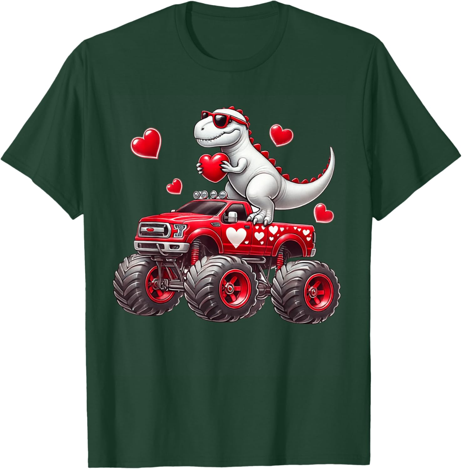 Valentines Day T Rex Riding Monster Truck Funny Toddler Boys T-Shirt - T-Shirt | Forest