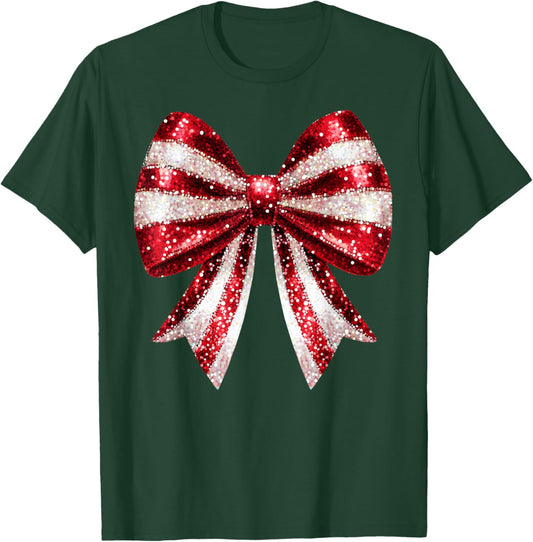 Cute Coquette Bow Christmas Candy Cane Xmas Women Kids Girls T-Shirt - T-Shirt | Forest