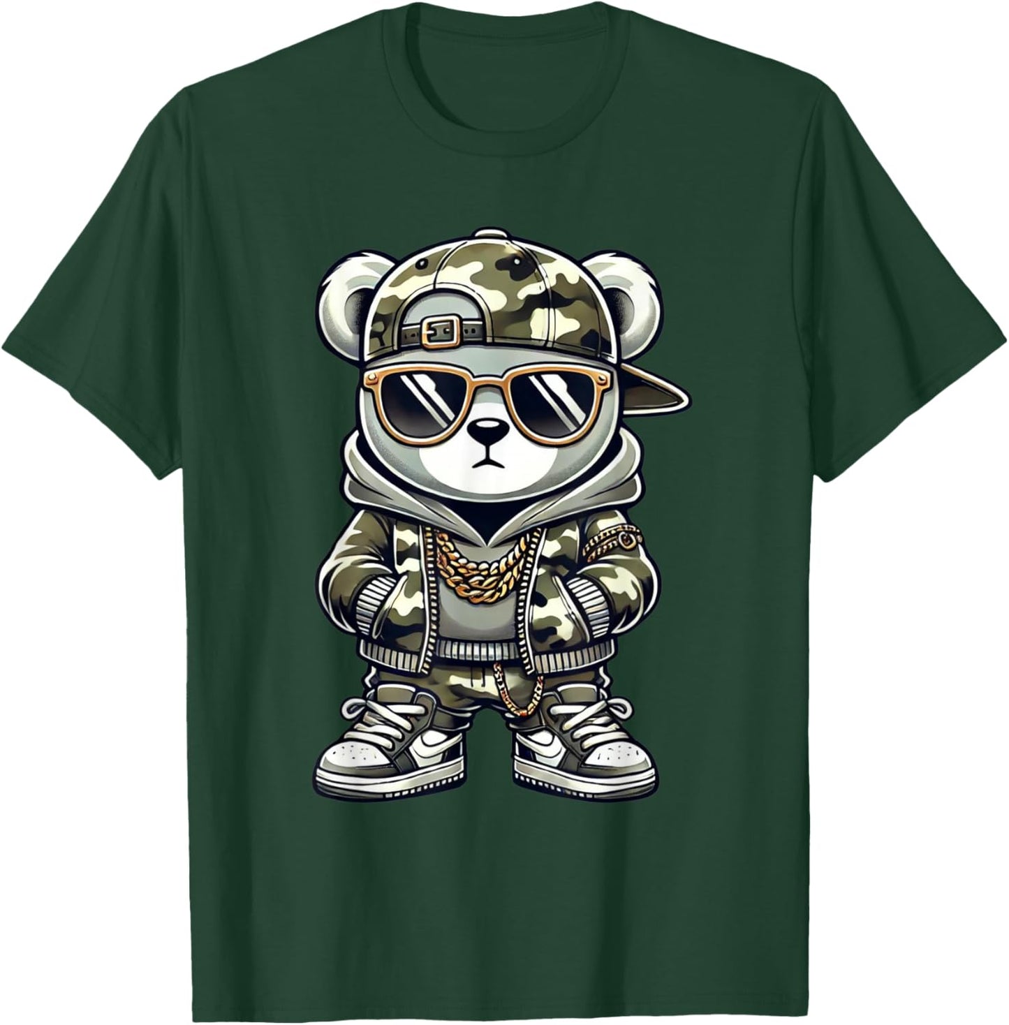 Camo Hip Hop Teddy Bear Camouflage Gangsta Streetwear Hustle T-Shirt - T-Shirt | Forest