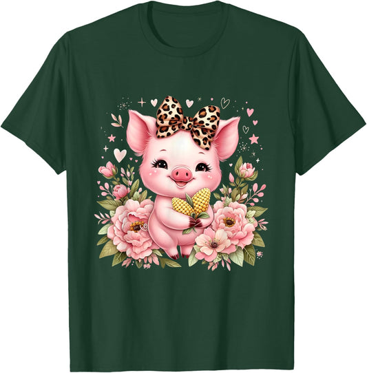 Pig Corn Leopard Coquette Bow Flowers Cute Pig Lover Women T-Shirt - T-Shirt | Forest