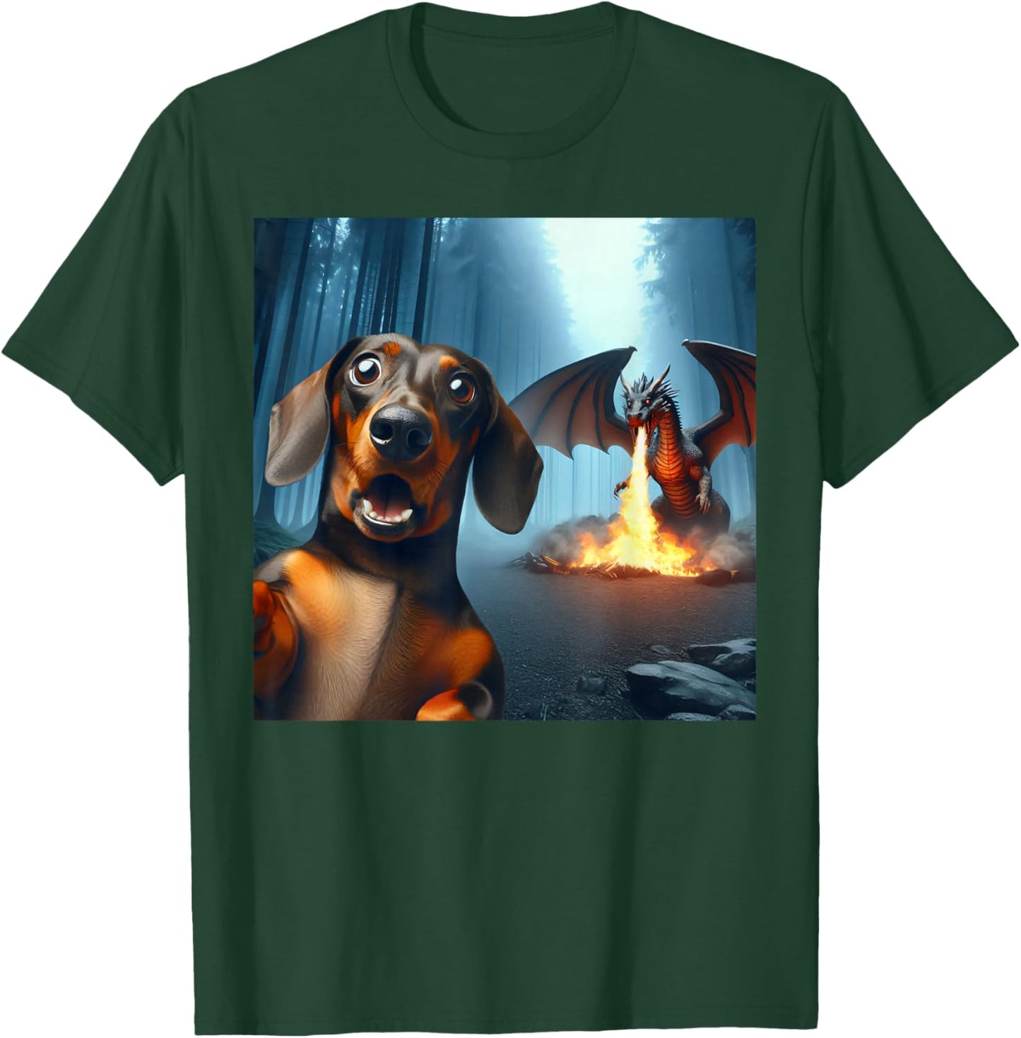 Dachshund Selfie with dragon surprised Dachshund dragon T-Shirt - T-Shirt | Forest