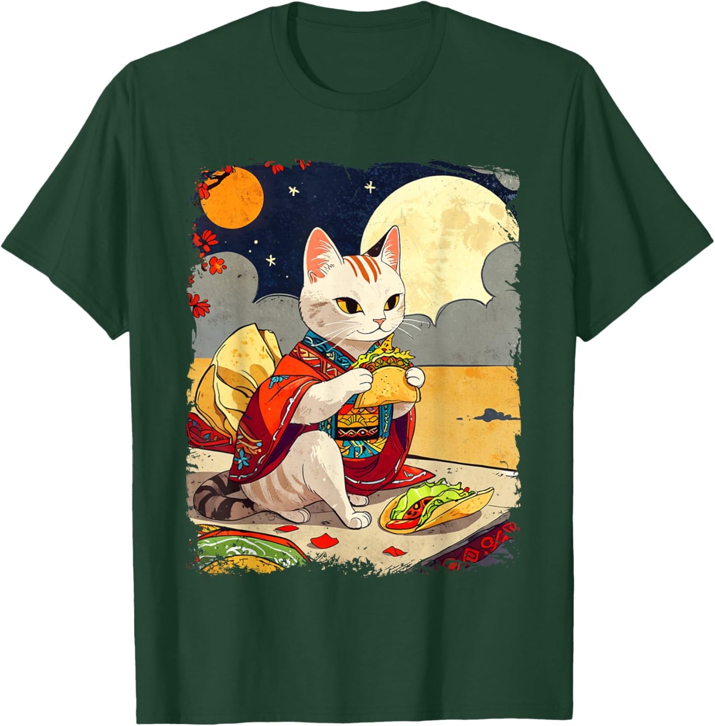 Cat Eating Tacos Funny Taco Cat Ukiyo-e Art Mexican Cat T-Shirt - T-Shirt | Forest
