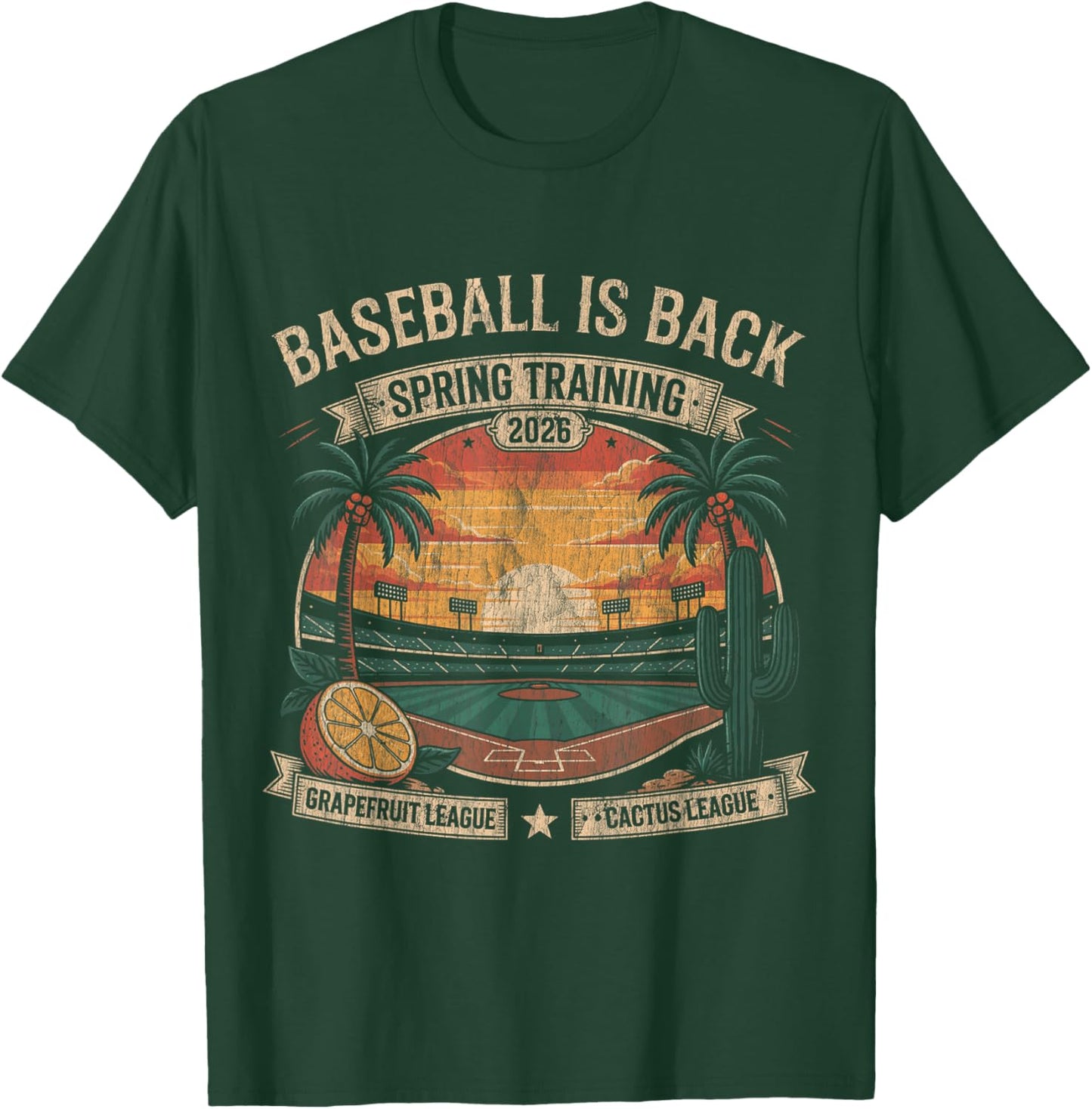 Spring Training Baseball is Back 2026 Retro Stadium Sunset T-Shirt - T-Shirt | Forest