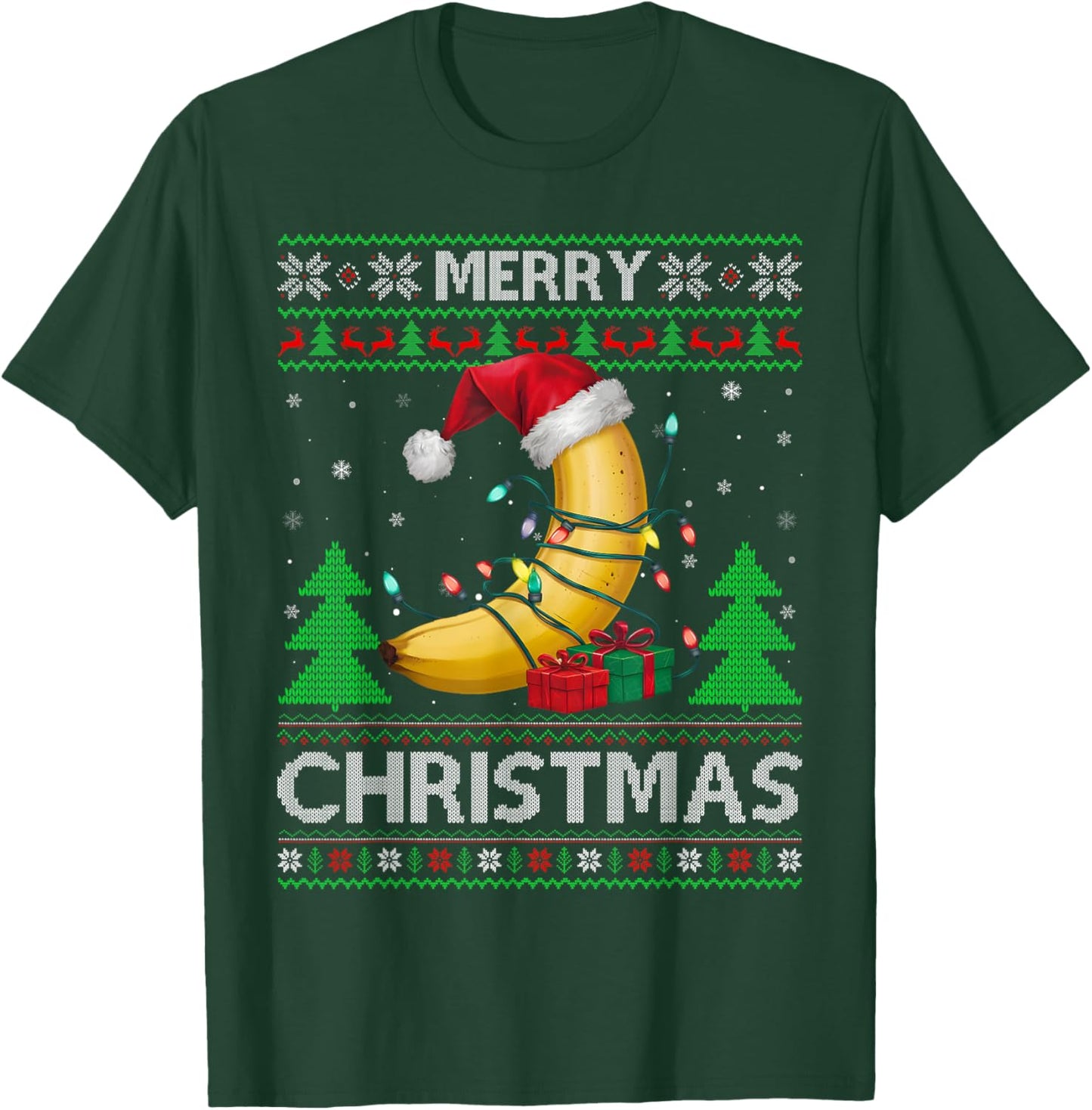 Ugly Xmas Sweater Style Lights Santa Banana Christmas T-Shirt - T-Shirt | Forest