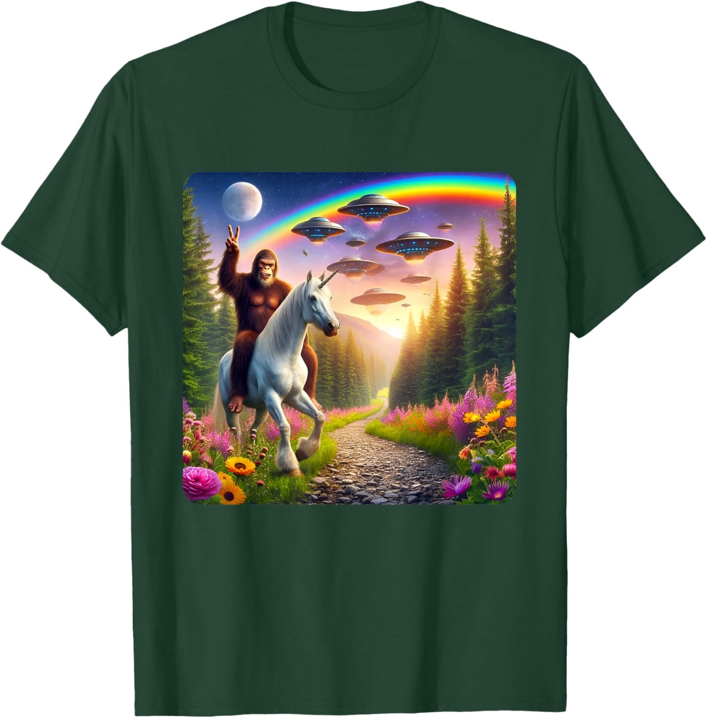 Bigfoot Riding Unicorn Funny Bigfoot Unicorn Selfie UFO T-Shirt - T-Shirt | Forest